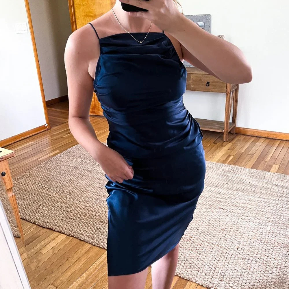 Amanda Uprichard 100% Silk Navy Backless Halter Classic Coastal Midi Dress Nwot